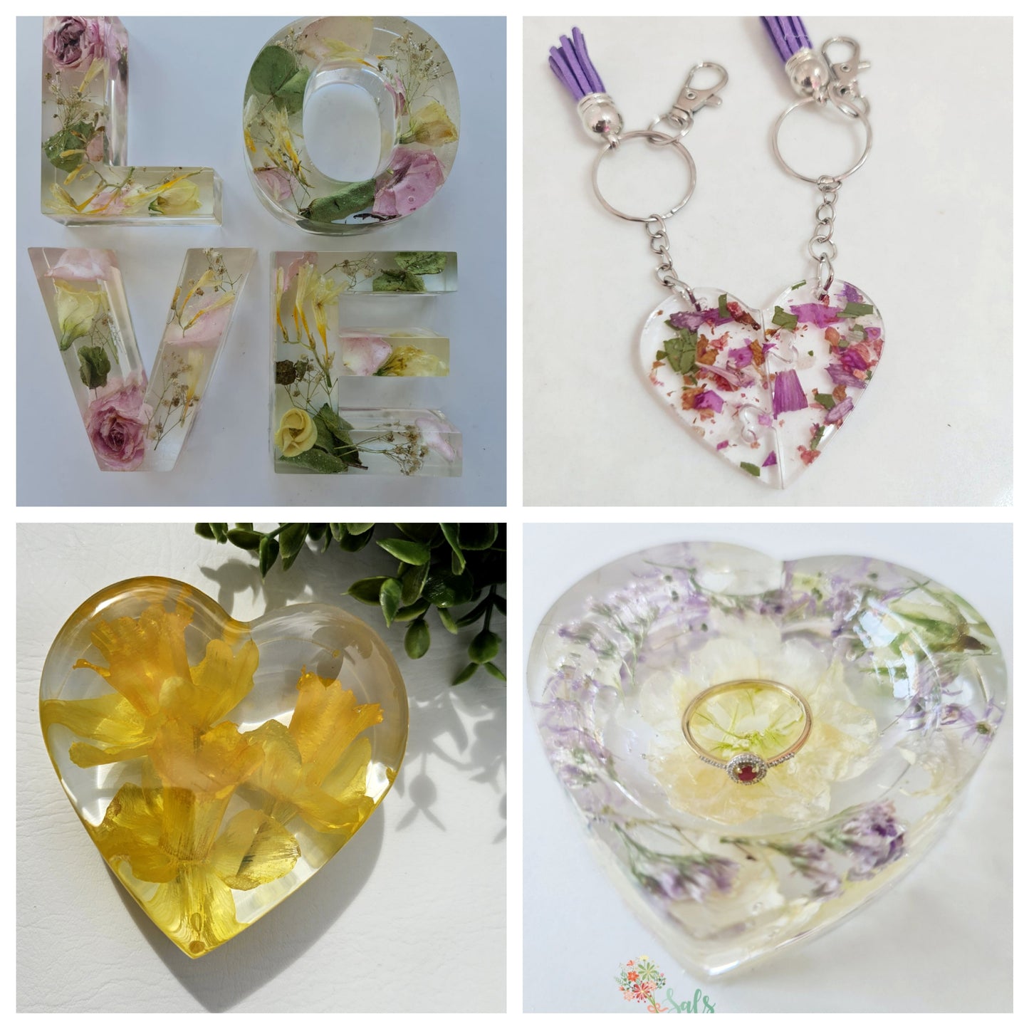 Collage of floral resin products including letters, keychains, and heart-shaped holders.
