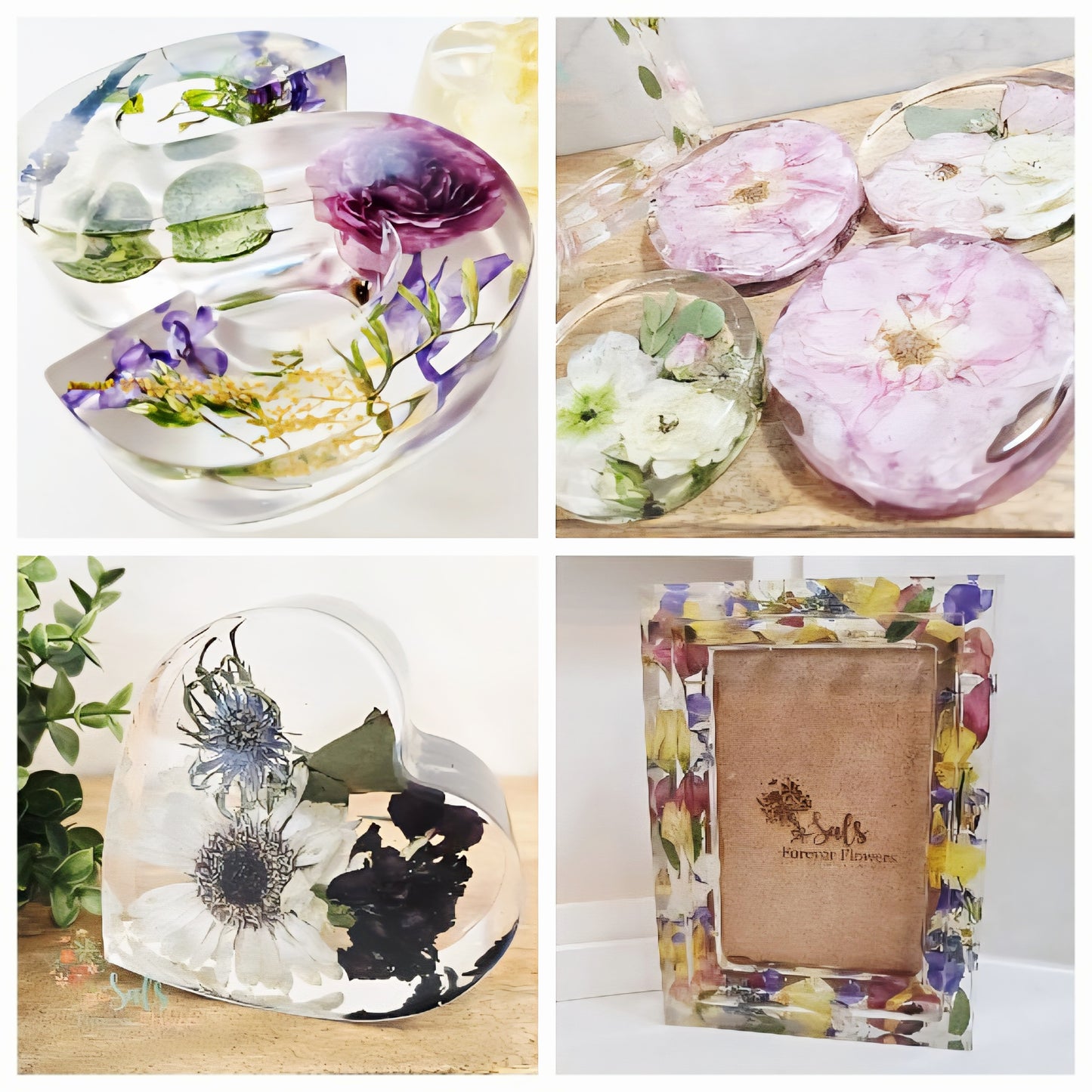 Collage of pressed flower art pieces including a frame and various floral designs.