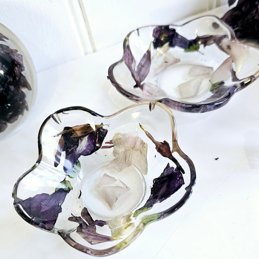 wedding flowers preserved in a flower shape resin trinket dish