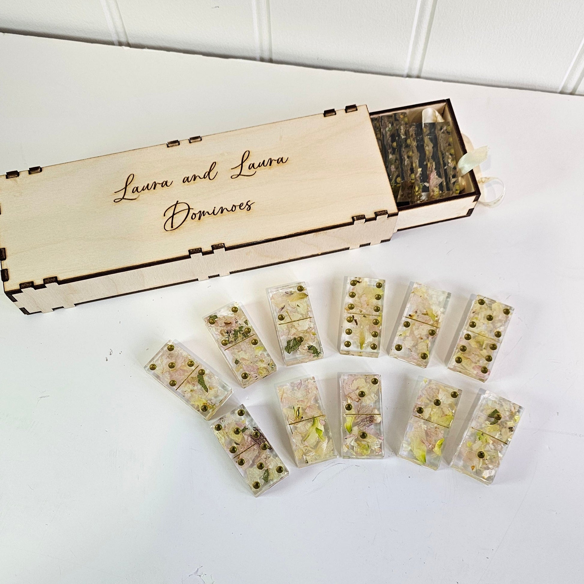 flower preservation dominos with personalised wooden box 